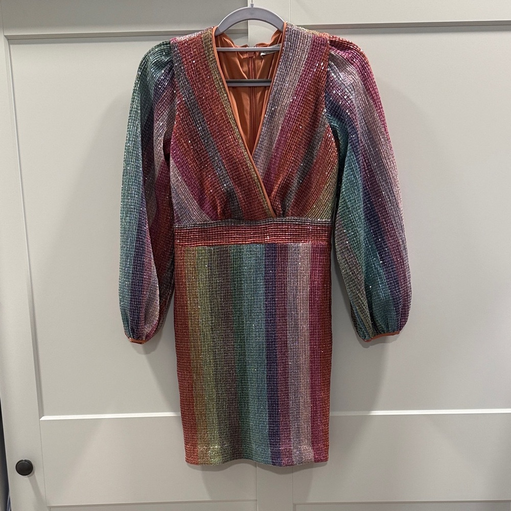 Eva Mendes x NY&Co Rainbow Sequin Stripe Mini Dress Long Sleeve V-Neck XXS
